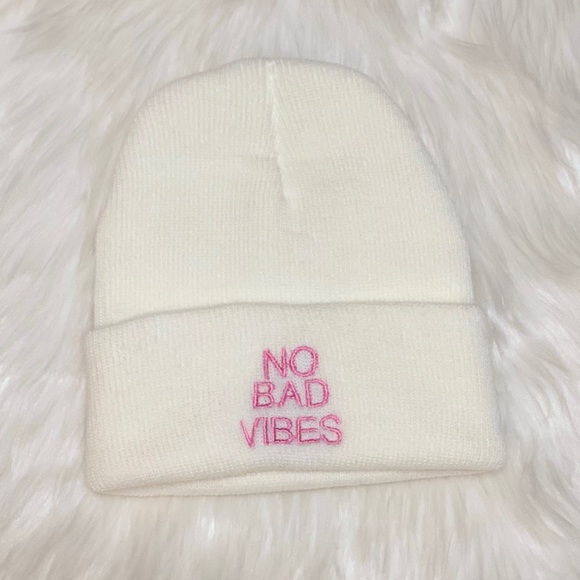 None Accessories - No Bad Vibes White Soft Slogan Beanie Hat